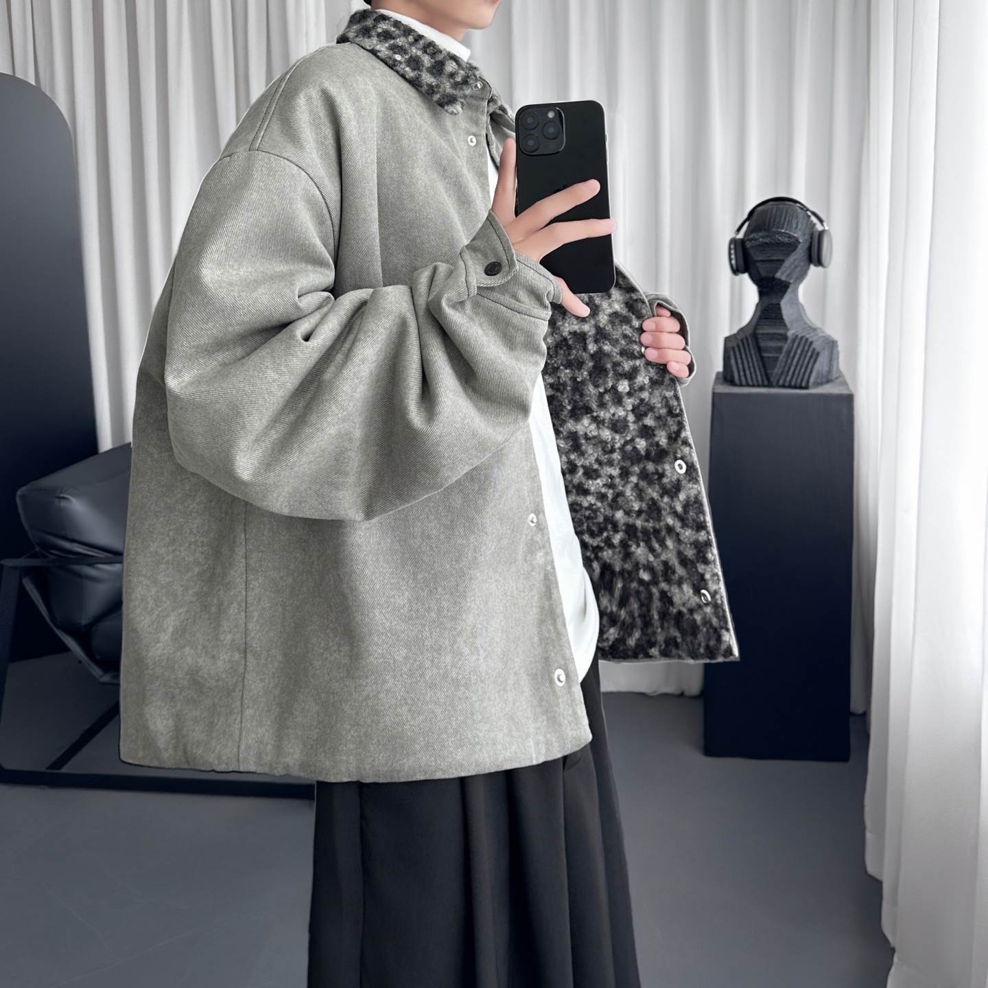 秋冬复古水泥灰色豹纹呢料拼接保暖夹克外套男 W0803-P138