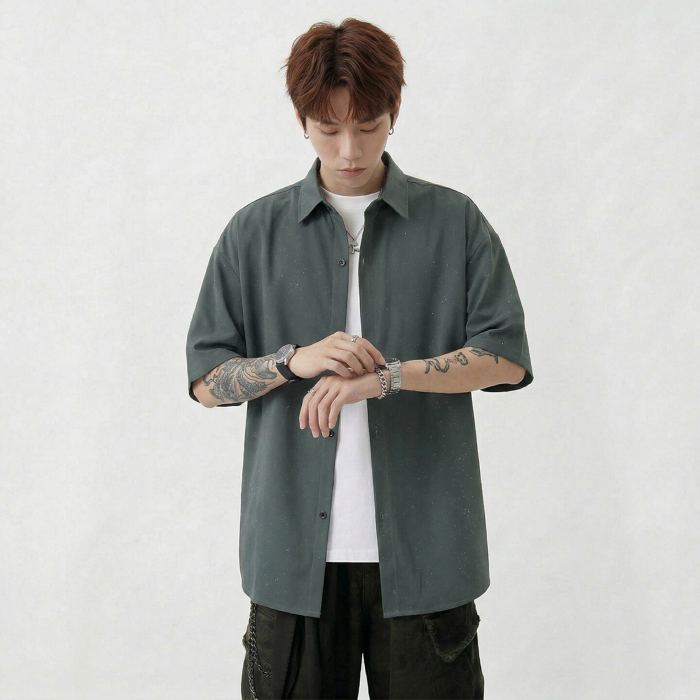 现货短袖休闲衬衫男痞帅七分袖衬衣bf港风 CS2609-P38
