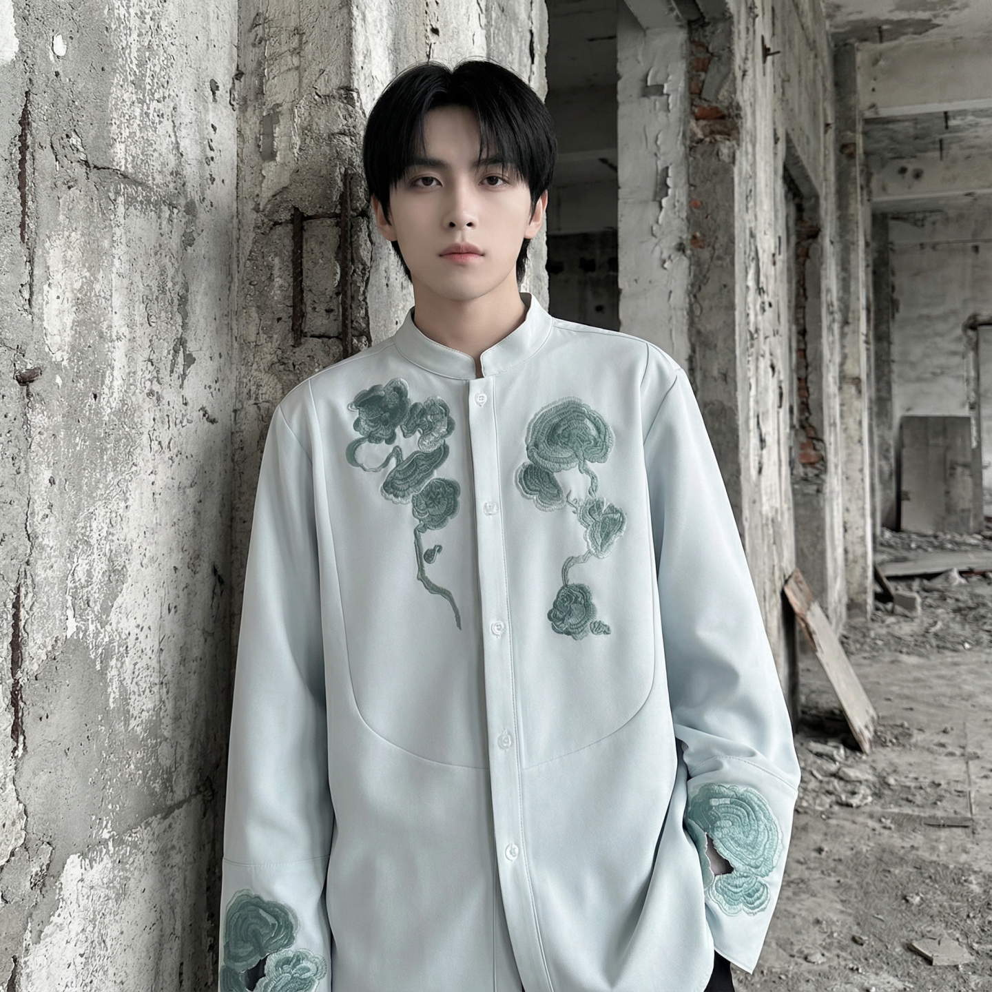 现货春款风灵芝刺绣宽松休闲立领长袖青灰色衬衣SA783-P88，男装衬衫，星座1017