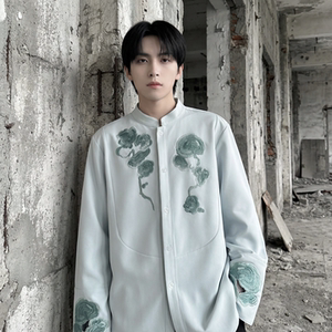 现货春款风灵芝刺绣宽松休闲立领长袖青灰色衬衣 SA783-P88，男装衬衫，星座1017