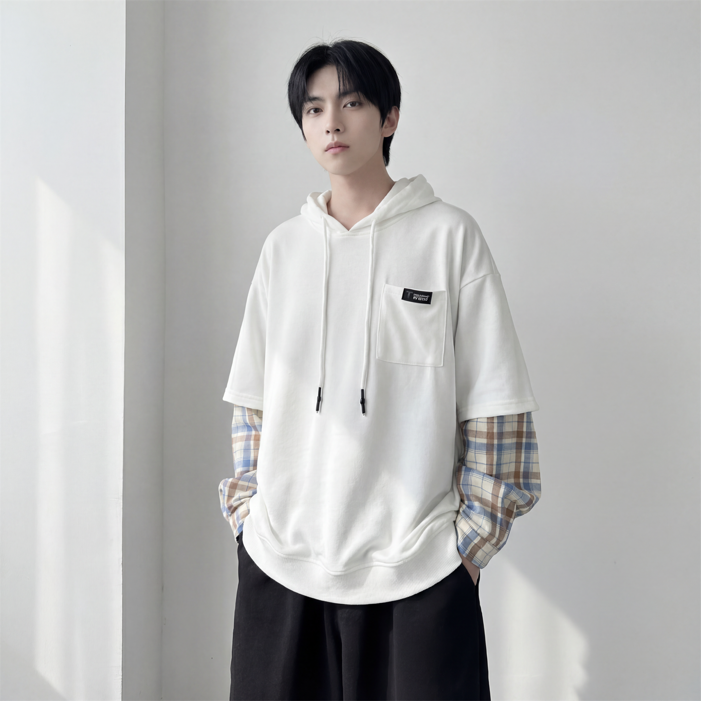 现货春季连帽卫衣男潮牌ins假两件拼接格子慵懒风W8212-P68，男装卫衣，星座1017