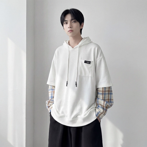 现货 春季连帽卫衣男潮牌ins假两件拼接格子慵懒风 W8212-P68，男装卫衣，星座1017