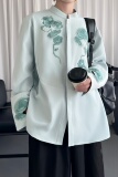 风灵芝刺绣宽松休闲立领长袖青灰色衬衣潮牌男女SA783-P88，男装衬衫，星座1017