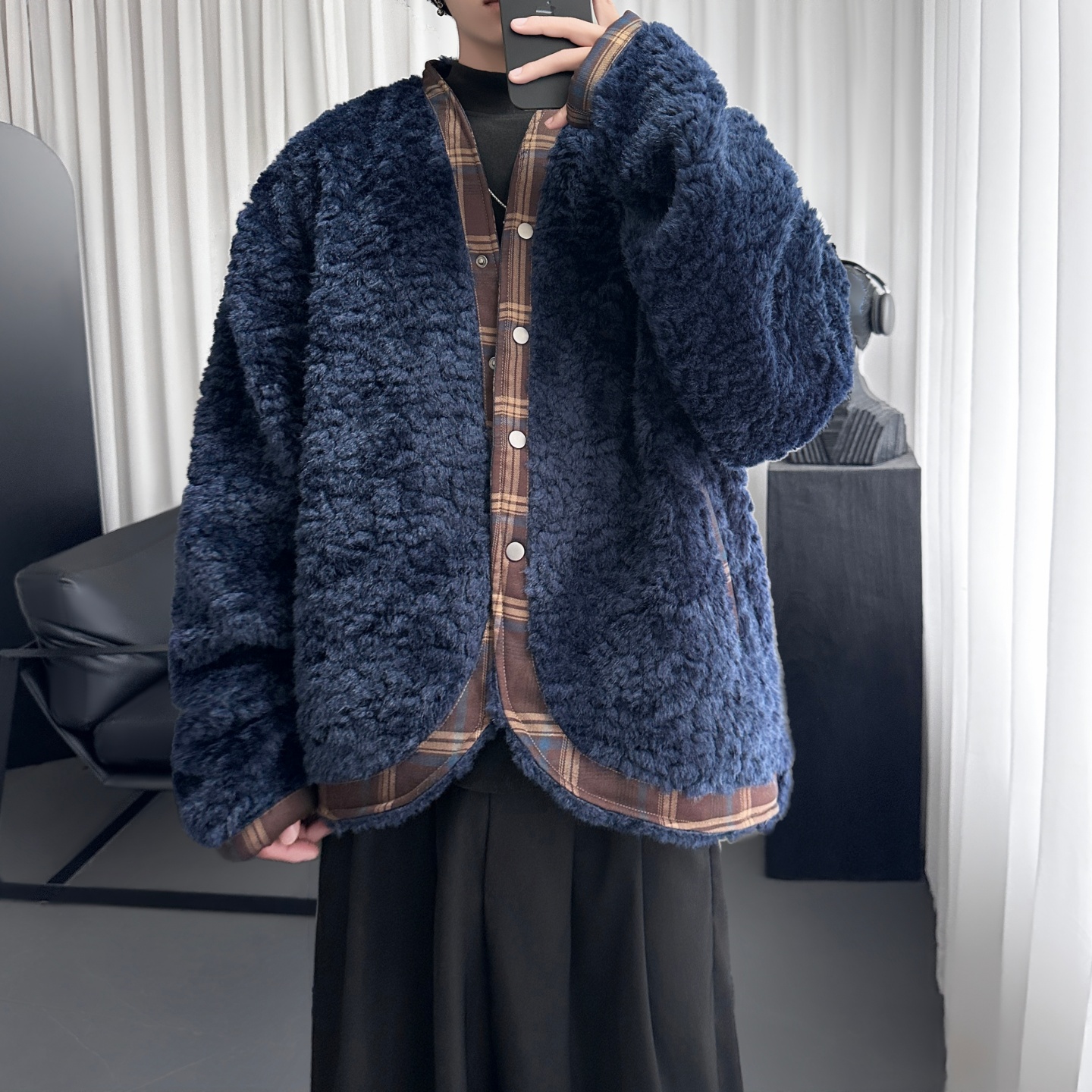 复古拼接格纹椰壳扣保暖环保羊毛绒外套 M7126-P148