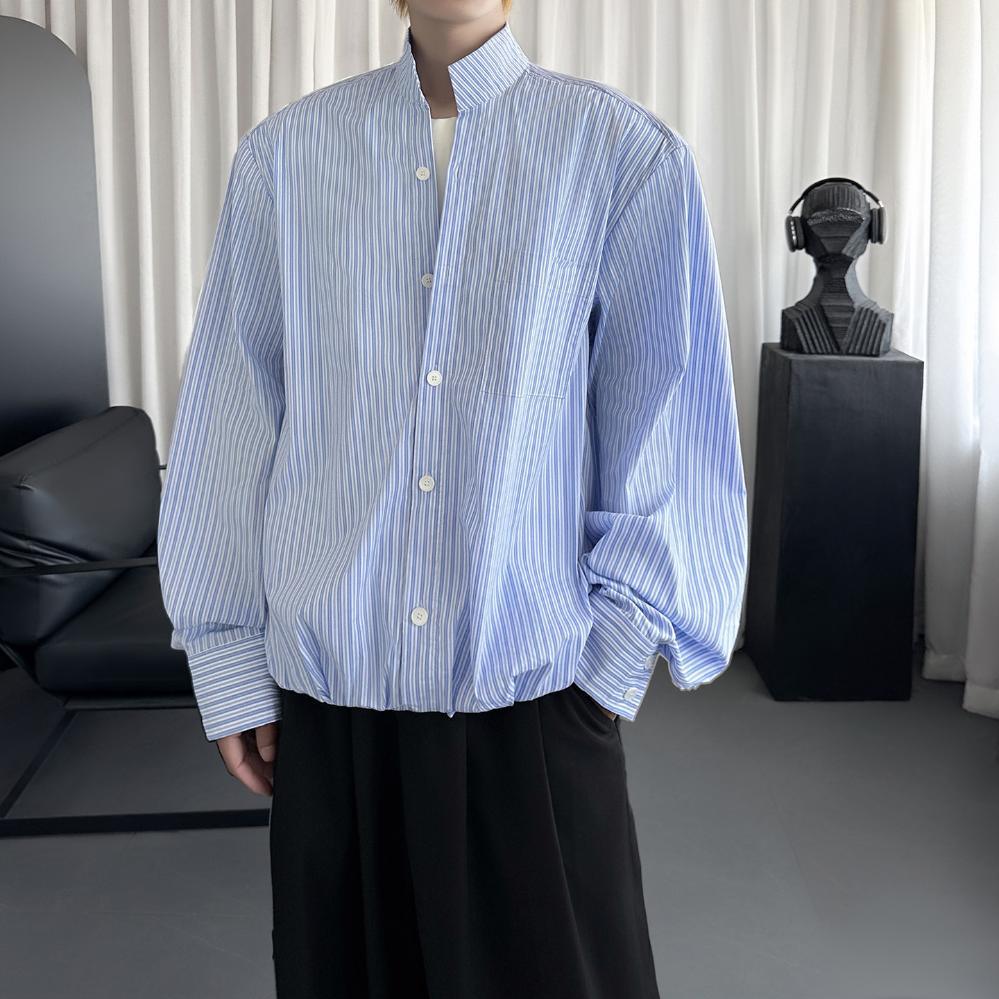 高智感条纹长袖衬衫男夏季百搭宽肩短款上衣S8976-P68,男装衬衫,星座1017