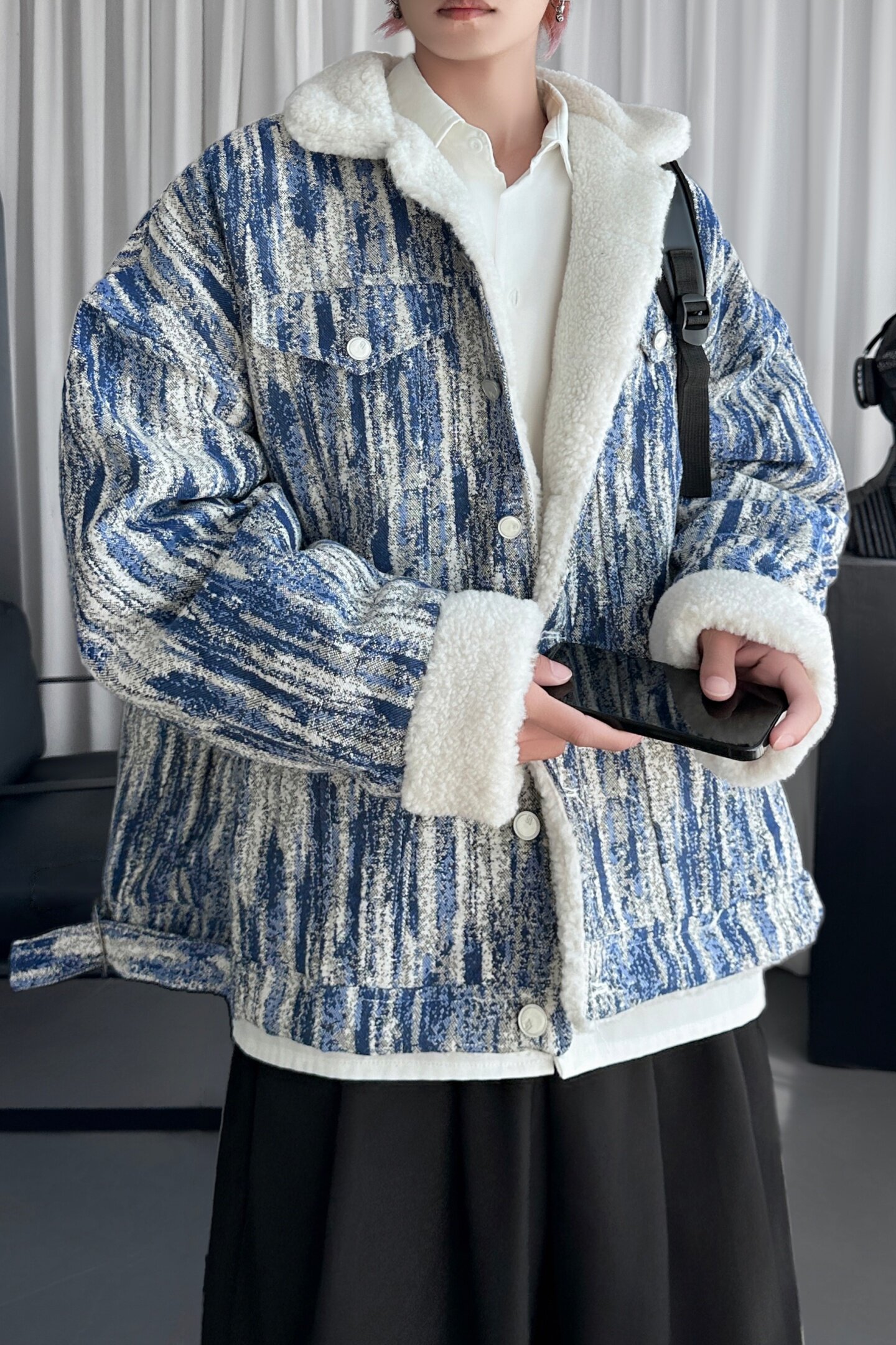 扎染做旧复古牛仔外套冬季加厚翻领羊羔毛撞色棉服D7603-P138,男装工装外套,星座1017