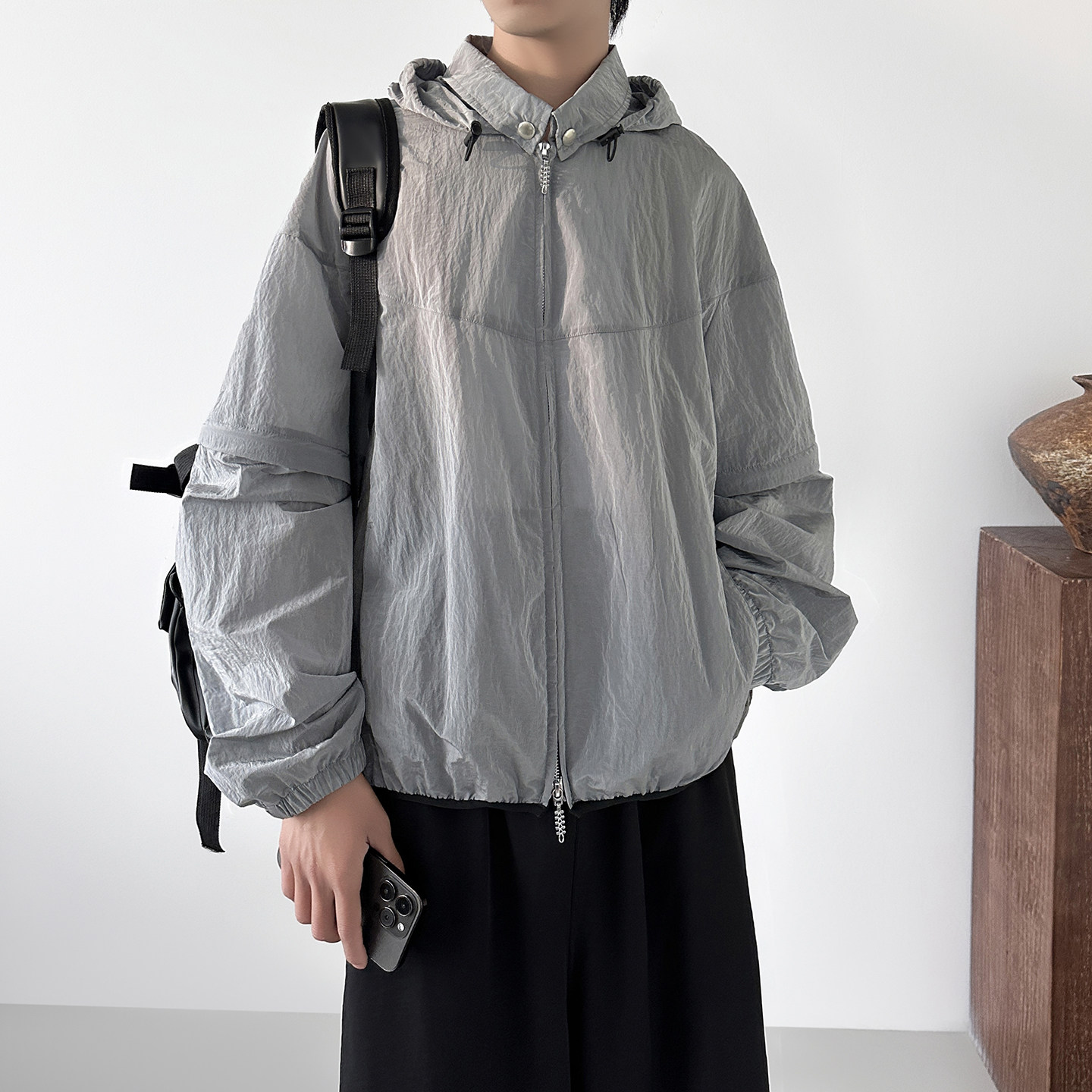 现货季连帽宽松可拆卸袖子运动短袖衬衫上衣一衣两穿F2388-68,男装T恤,星座1017