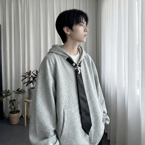 现货烫钻可拆卸领带设计连帽卫衣重磅细闪宽松慵懒外套 W2056-P89，女装短外套，星座1017