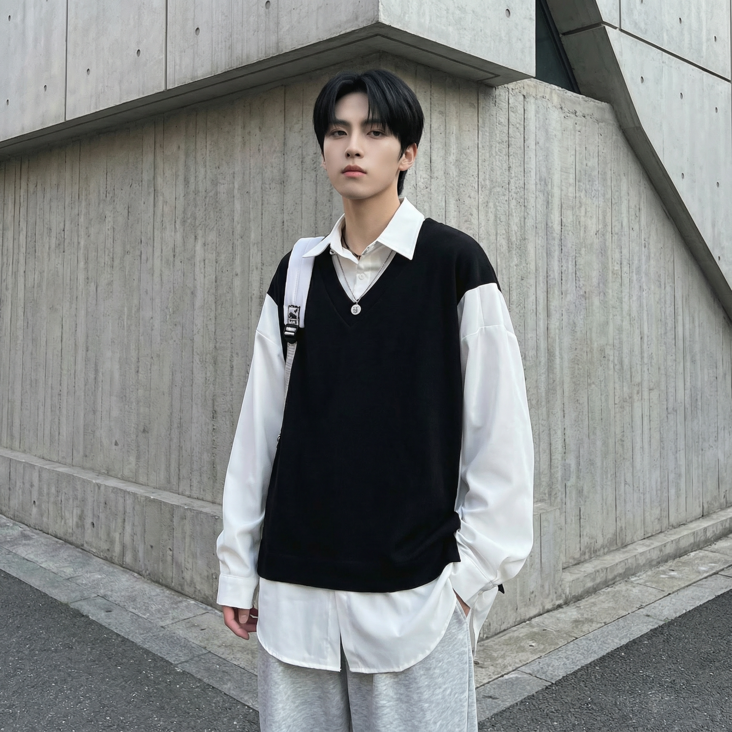 现货假两件长袖衬衫宽松衬衣港风休闲百搭上衣GK25-P58，男装衬衫，星座1017