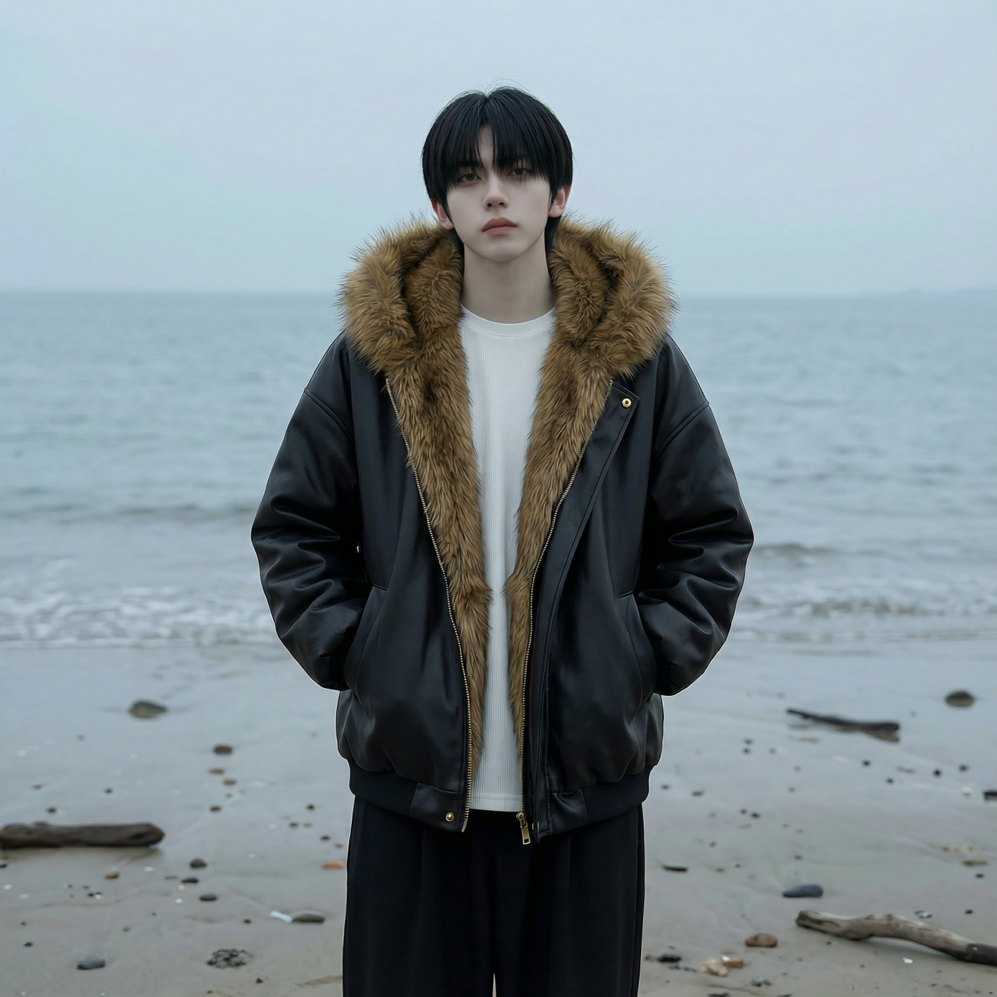 现货痞帅皮衣两面穿外套新款加厚PU皮毛一体机车外套M2483-P138，男装皮衣，星座1017