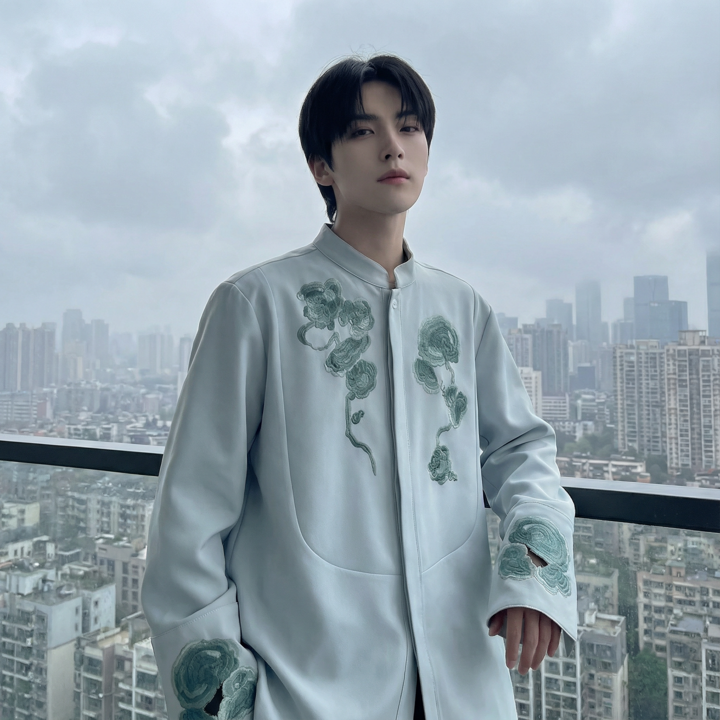 现货春款风灵芝刺绣宽松休闲立领长袖青灰色衬衣SA783-P88，男装衬衫，星座1017