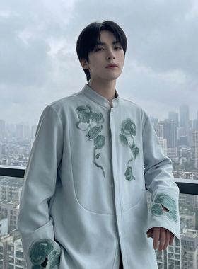 现货春款国风灵芝刺绣宽松休闲立领长袖青灰色衬衣 SA783-P88