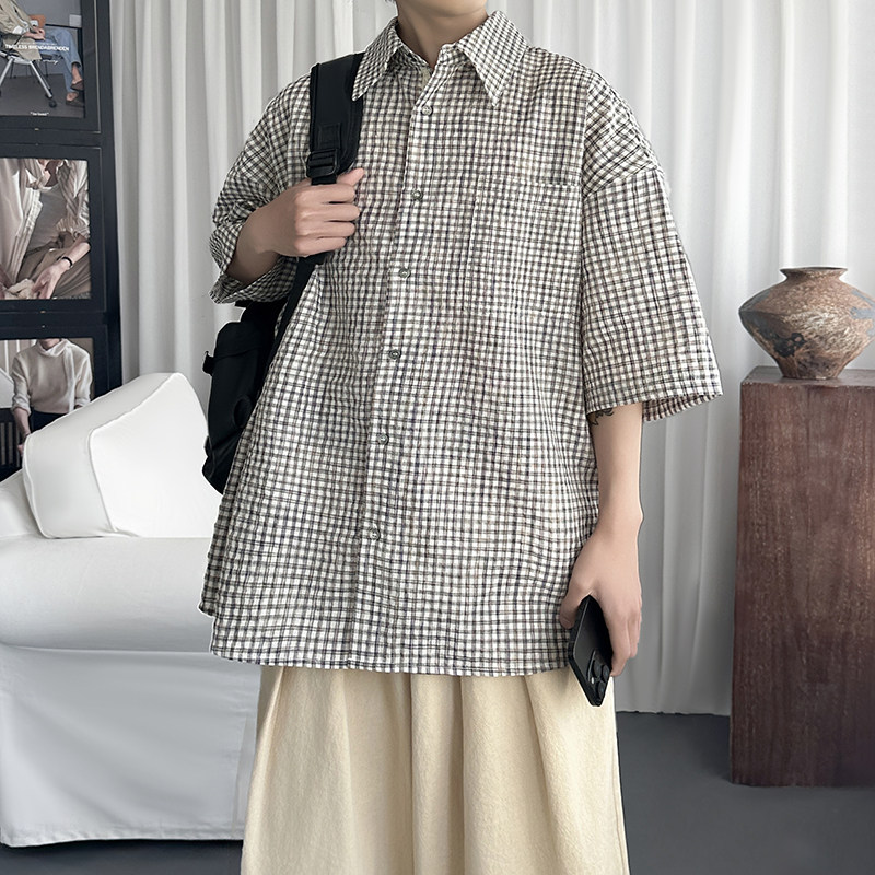 肌理泡泡纱粉色格子短袖衬衫夏季男女格纹上衣 S2053-P48图片