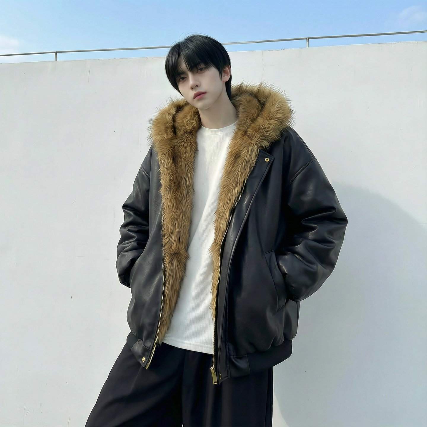 现货痞帅皮衣两面穿外套新款加厚PU皮毛一体机车外套M2483-P138，男装皮衣，星座1017