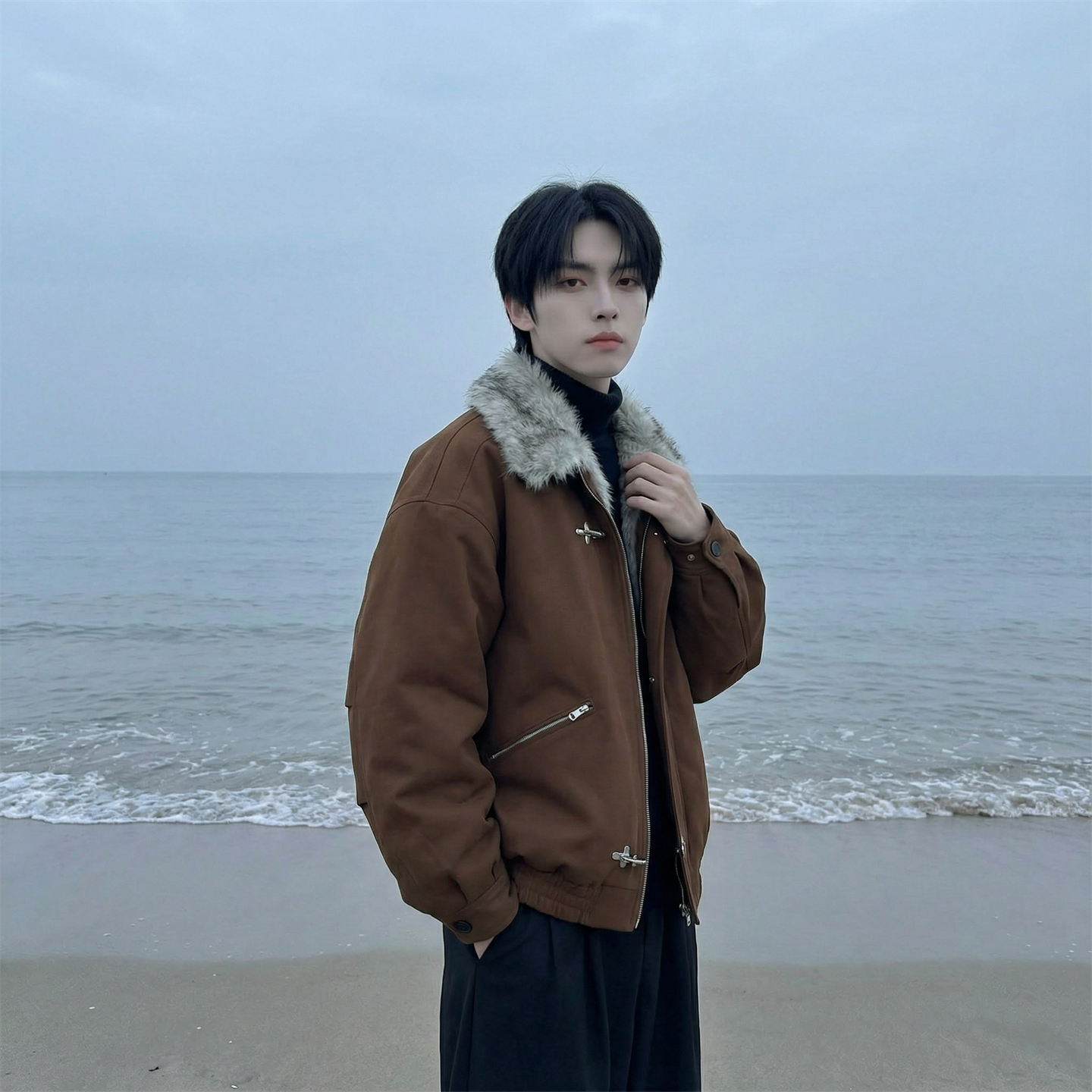 现货毛领复古（仿貂毛领）秋冬季座山雕夹克棉服外套男 Q664-P148