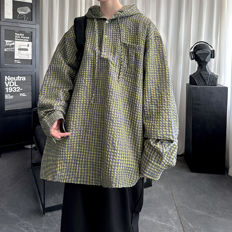 套头连帽格子衬衫高级感慵懒风美式宽松休闲长袖衬衣AC034-P50,男装衬衫,星座1017