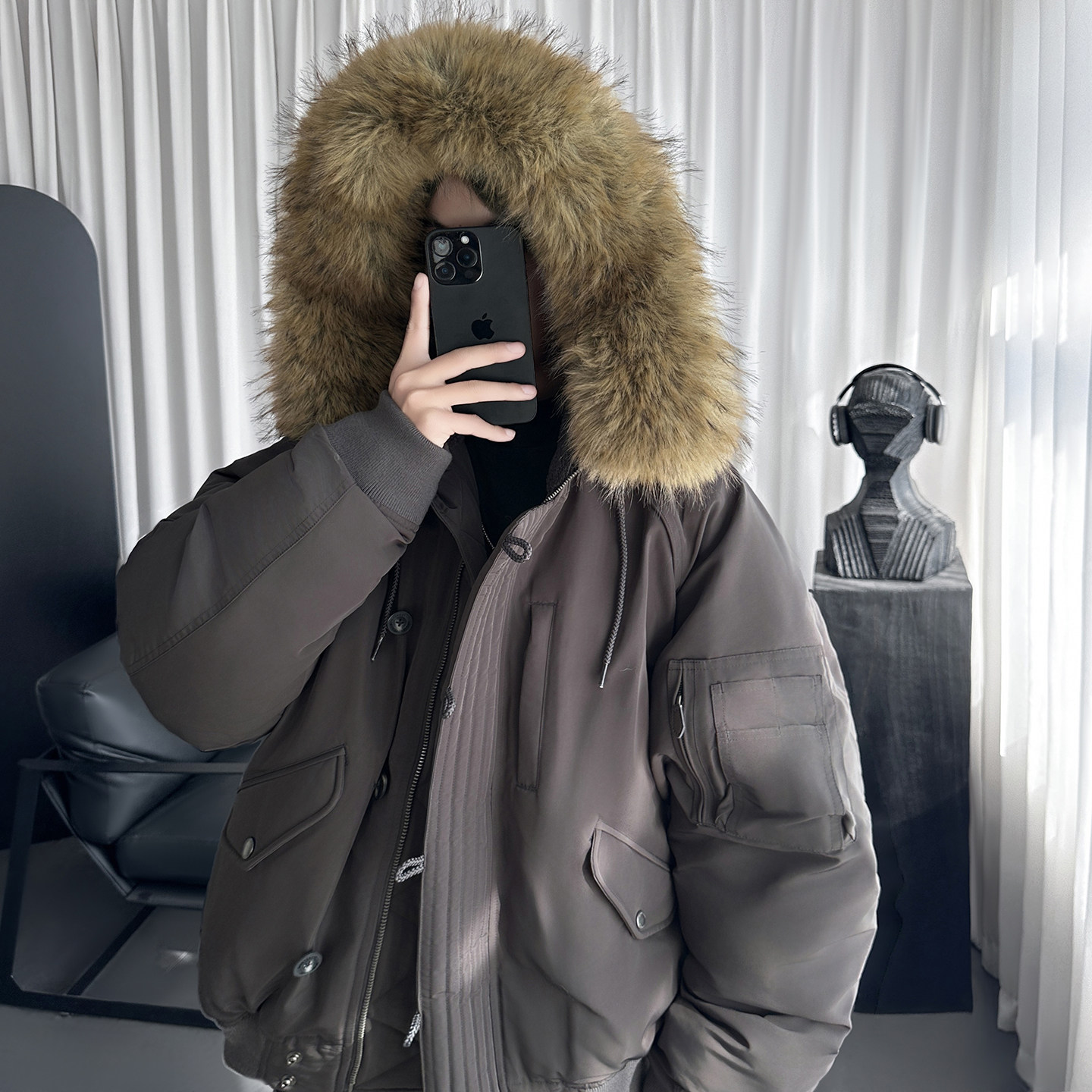 户外防风仿毛领短款宽松工装棉服男M1103-P148,男装棉衣,星座1017