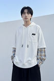 现货春季连帽卫衣男潮牌ins假两件拼接格子慵懒风W8212-P68，男装卫衣，星座1017