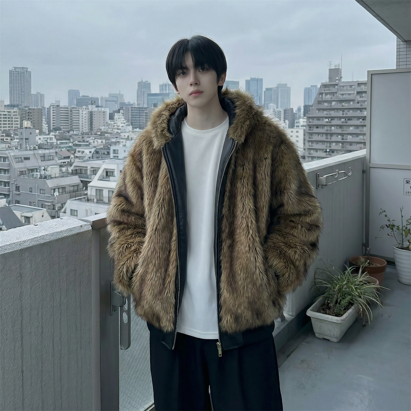 现货痞帅皮衣两面穿外套新款加厚PU皮毛一体机车外套M2483-P138，男装皮衣，星座1017