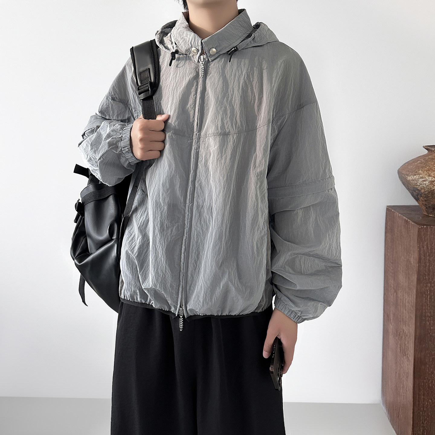 现货季连帽宽松可拆卸袖子运动短袖衬衫上衣一衣两穿F2388-68,男装T恤,星座1017