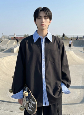 现货 高级感小众设计拼接衬衫男痞帅纯色宽松潮流衬衣 S1858-P68