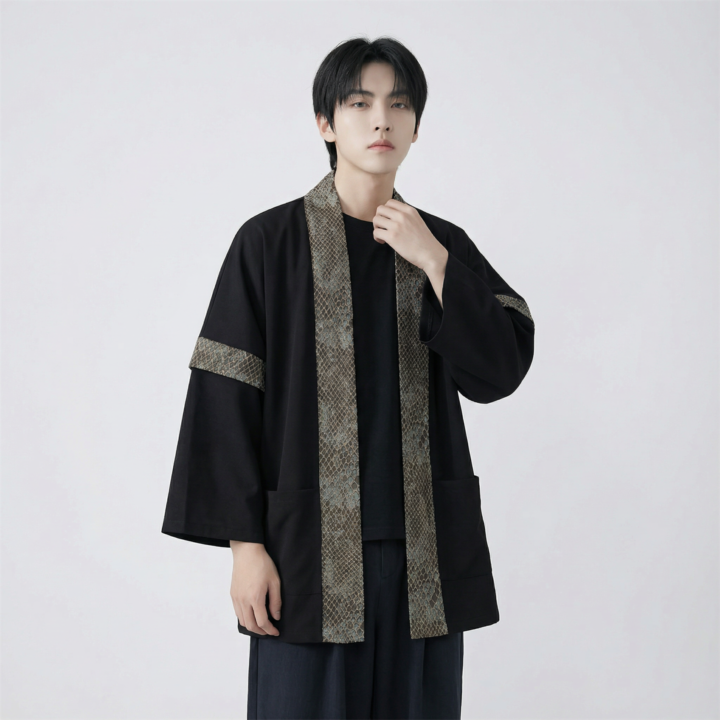 现货春秋风蟒纹印花拼接男士道袍汉服D3206-P78，男装民族服装，星座1017