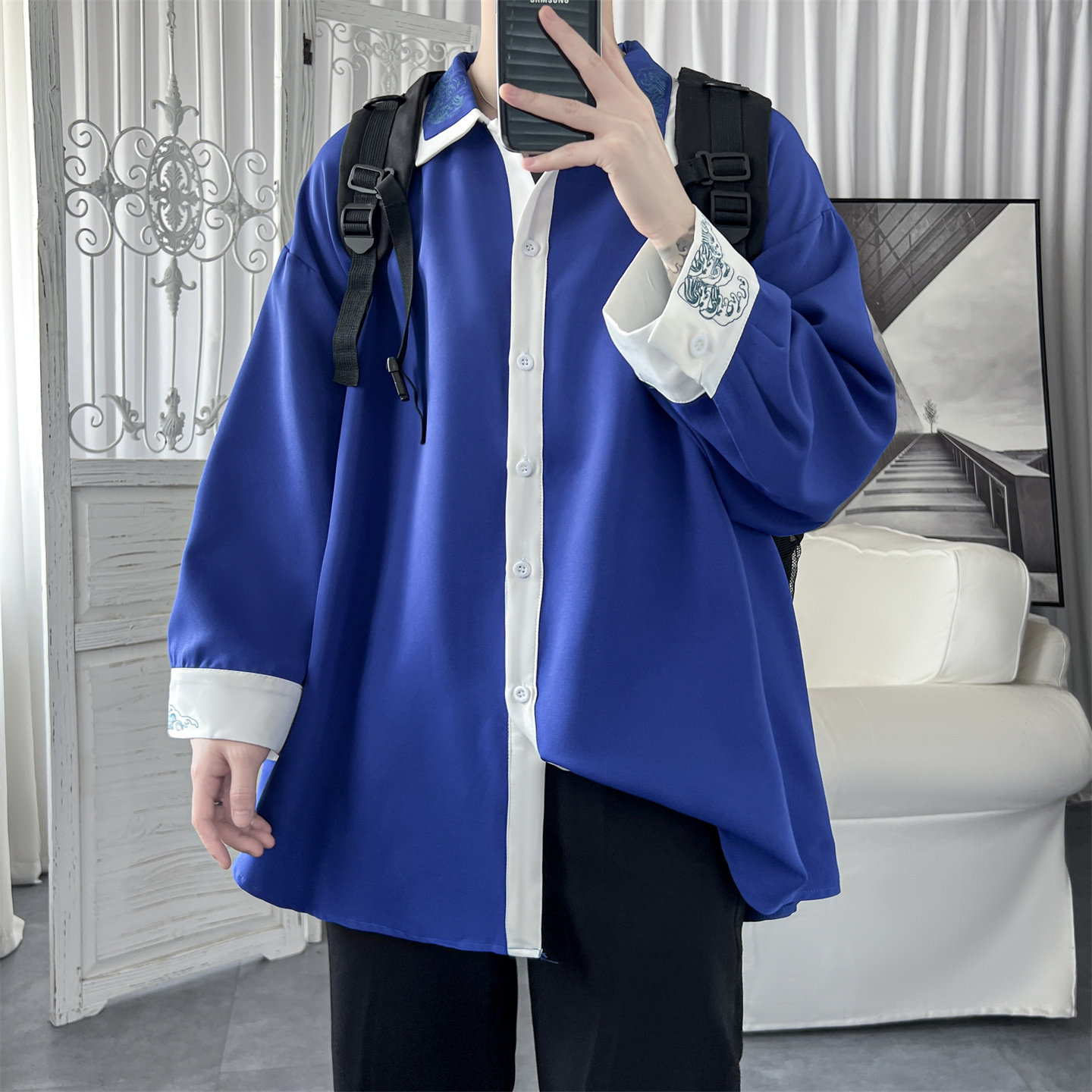 中式刺绣衬衫男长袖高级感春秋国潮小众设计垂感宽松休闲衬衣外套,男装衬衫,星座1017