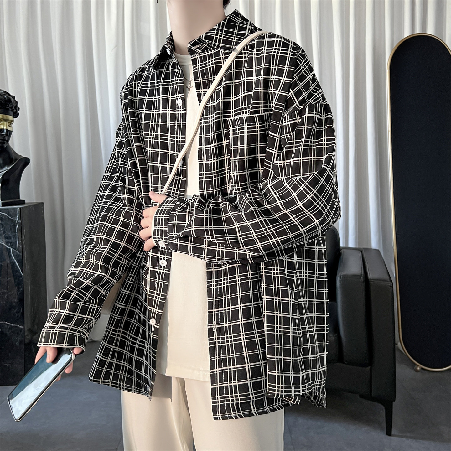 现货格子长袖衬衫男高级感外套英伦雅痞衬衣FC75-P45,男装衬衫,星座1017