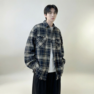 现货 2026春复古美式格子长袖衬衫毛边宽松衬衣 SC245-P58，男装衬衫，星座1017