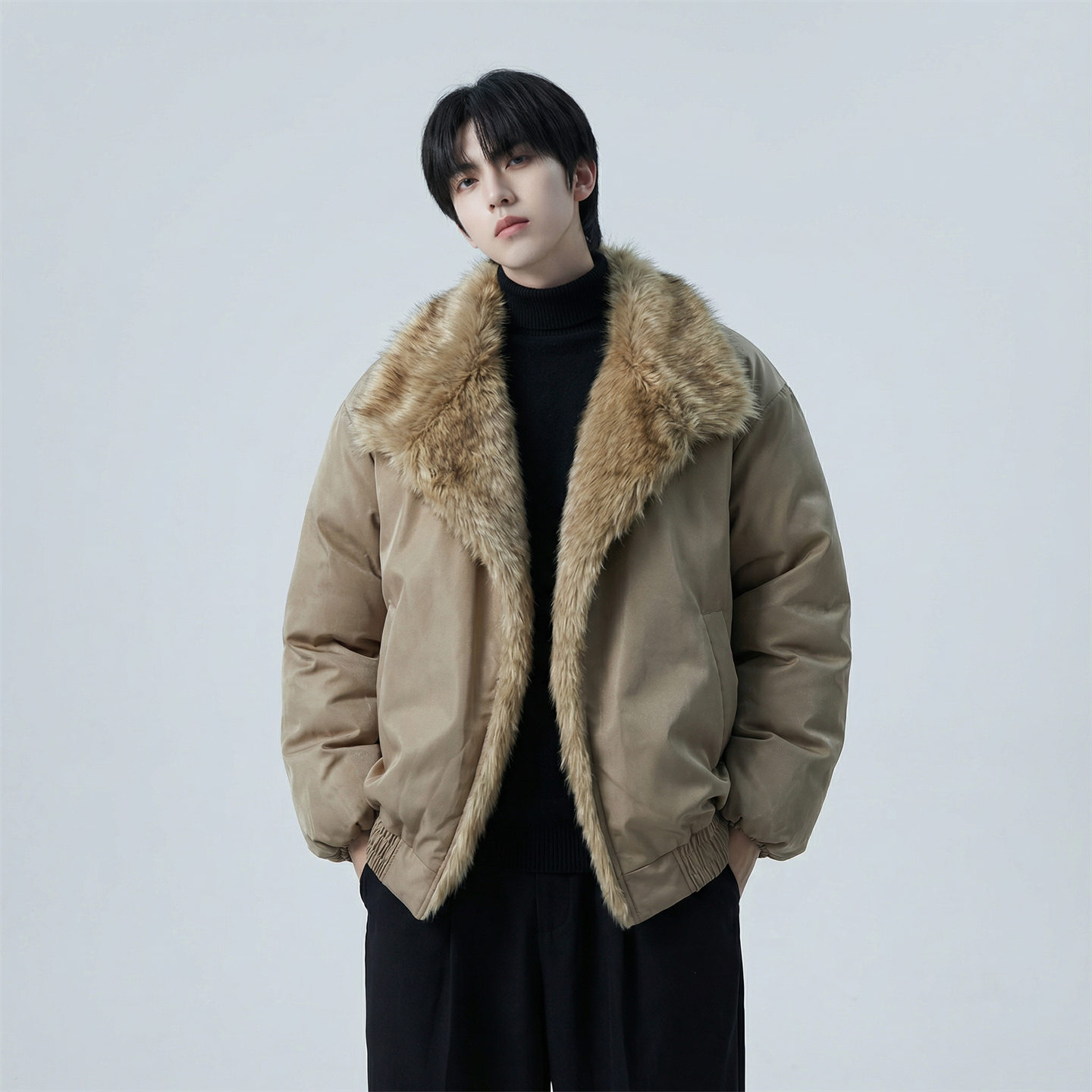 现货冬季大毛领加厚夹棉黑锻拼接棉服外套M1654-P168，男装棉衣，星座1017