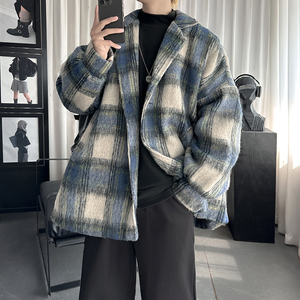 毛呢格子外套男韩版宽松休闲百搭大衣 Y111-P108图片