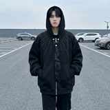 现货烫钻可拆卸领带设计连帽卫衣重磅细闪宽松慵懒外套W2056-P89，女装短外套，星座1017