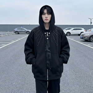 现货烫钻可拆卸领带设计连帽卫衣重磅细闪宽松慵懒外套 W2056-P89，女装短外套，星座1017