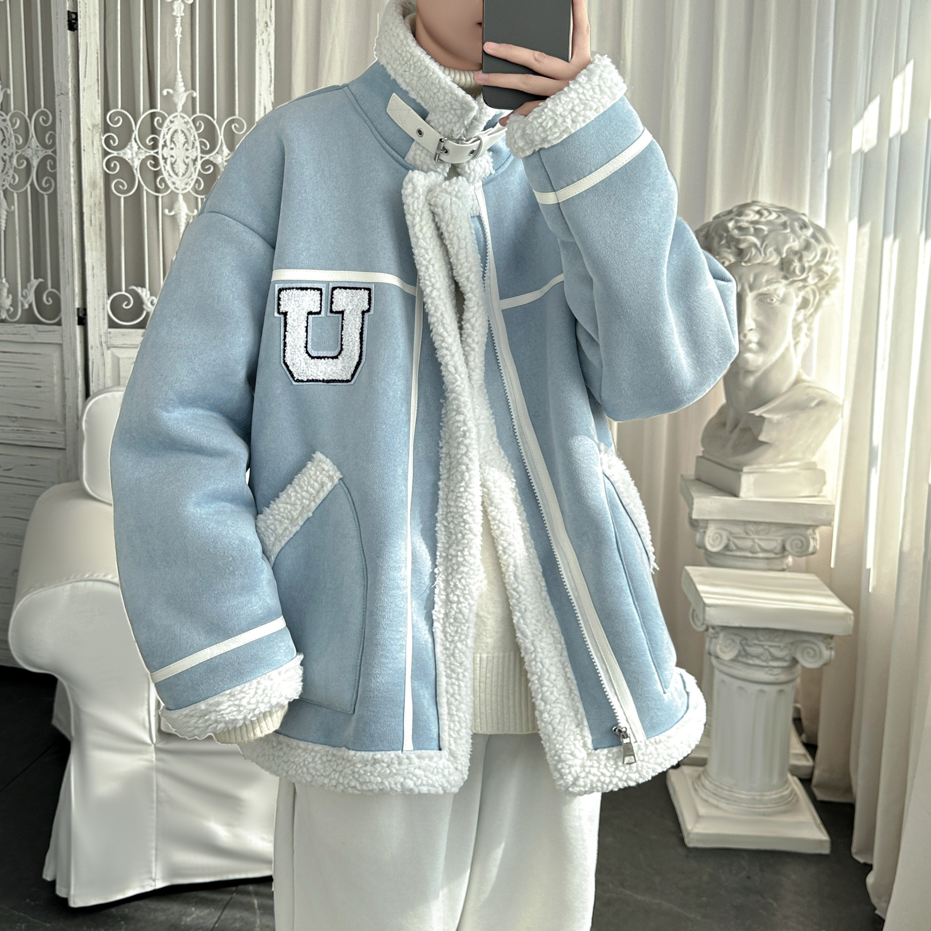 皮毛一体外套冬季暖光风宽松棉服潮男大码棉衣M4725-P115,男装棉衣,星座1017