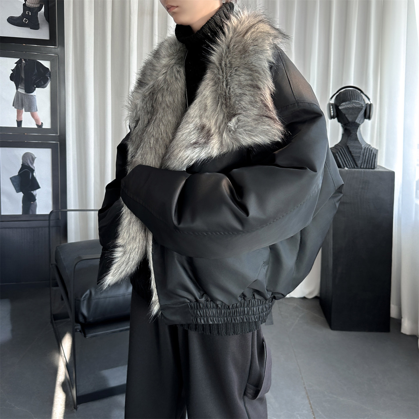 冬季大毛领加厚夹棉黑锻拼接棉服外套M1654-P168,男装棉衣,星座1017