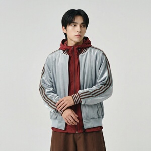 新款现货撞色织带丝绒男春季新款拼接设计美式复夹克JK9931-P98,卡其色萝卜裤搭配鞋子图片图片