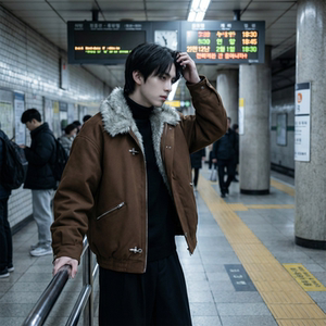 现货毛领复古（仿貂毛领）秋冬季座山雕夹克棉服外套男 Q664-P148图片