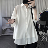 黑色冰丝衬衫男士短袖夏季薄款2025港风宽松垂坠感七分袖衬衣外套，男装衬衫，星座1017