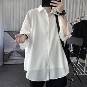 黑色冰丝衬衫男士短袖夏季薄款2025港风宽松垂坠感七分袖衬衣外套图片