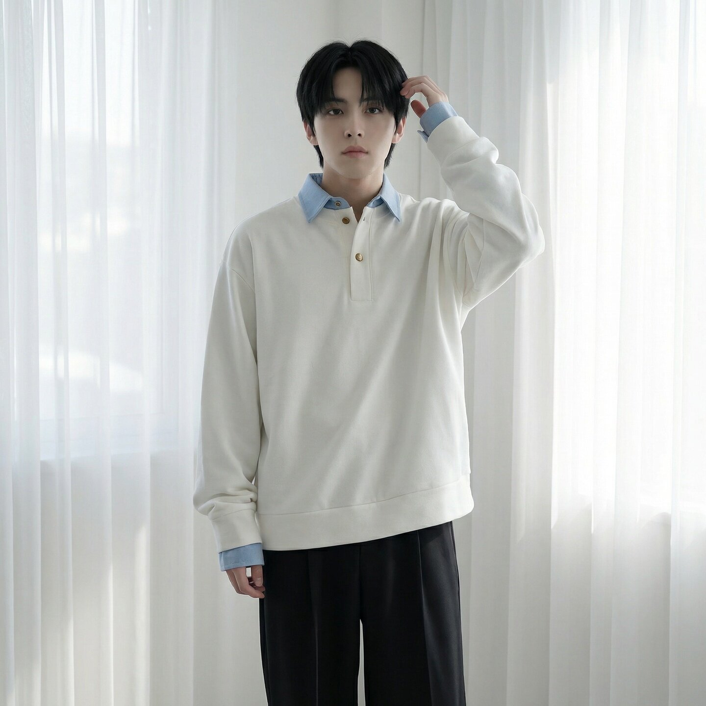 新款现货男装设计感艺术假两件卫衣男内搭上衣CR472-P68，男装卫衣，星座1017