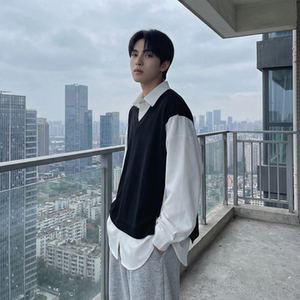 现货假两件长袖衬衫宽松衬衣港风休闲百搭上衣 GK25-P58，男装衬衫，星座1017