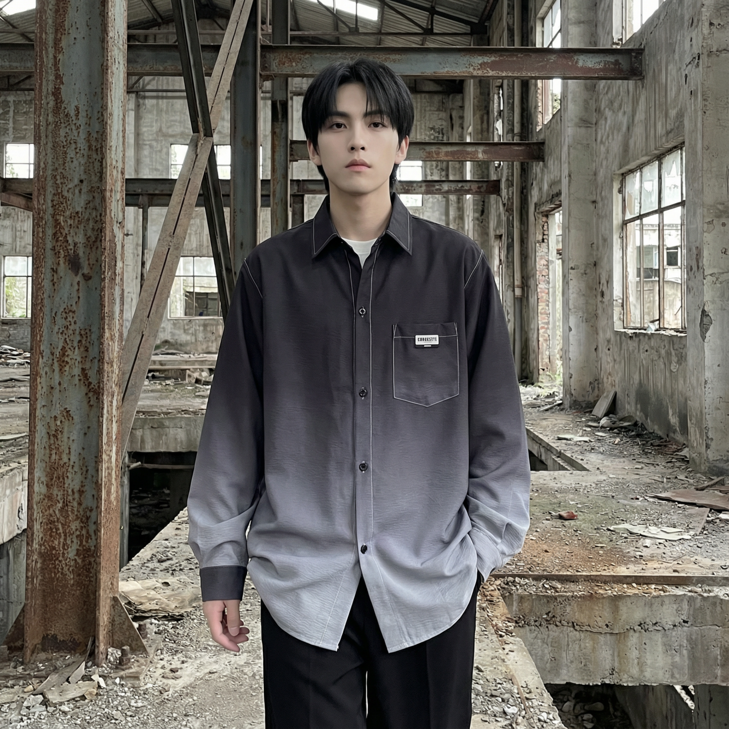 2026现货渐变长袖衬衫水洗褶皱宽松潮流休闲衬衣DS651-P58，男装衬衫，星座1017