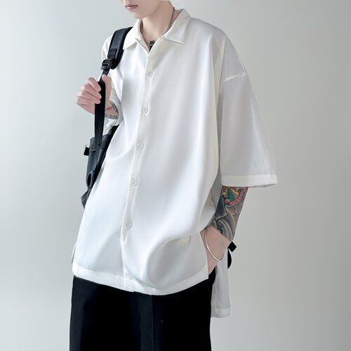 夏季纯色#衬衫男短袖宽松港风日系帅气五分袖衬衣 CY12-P35