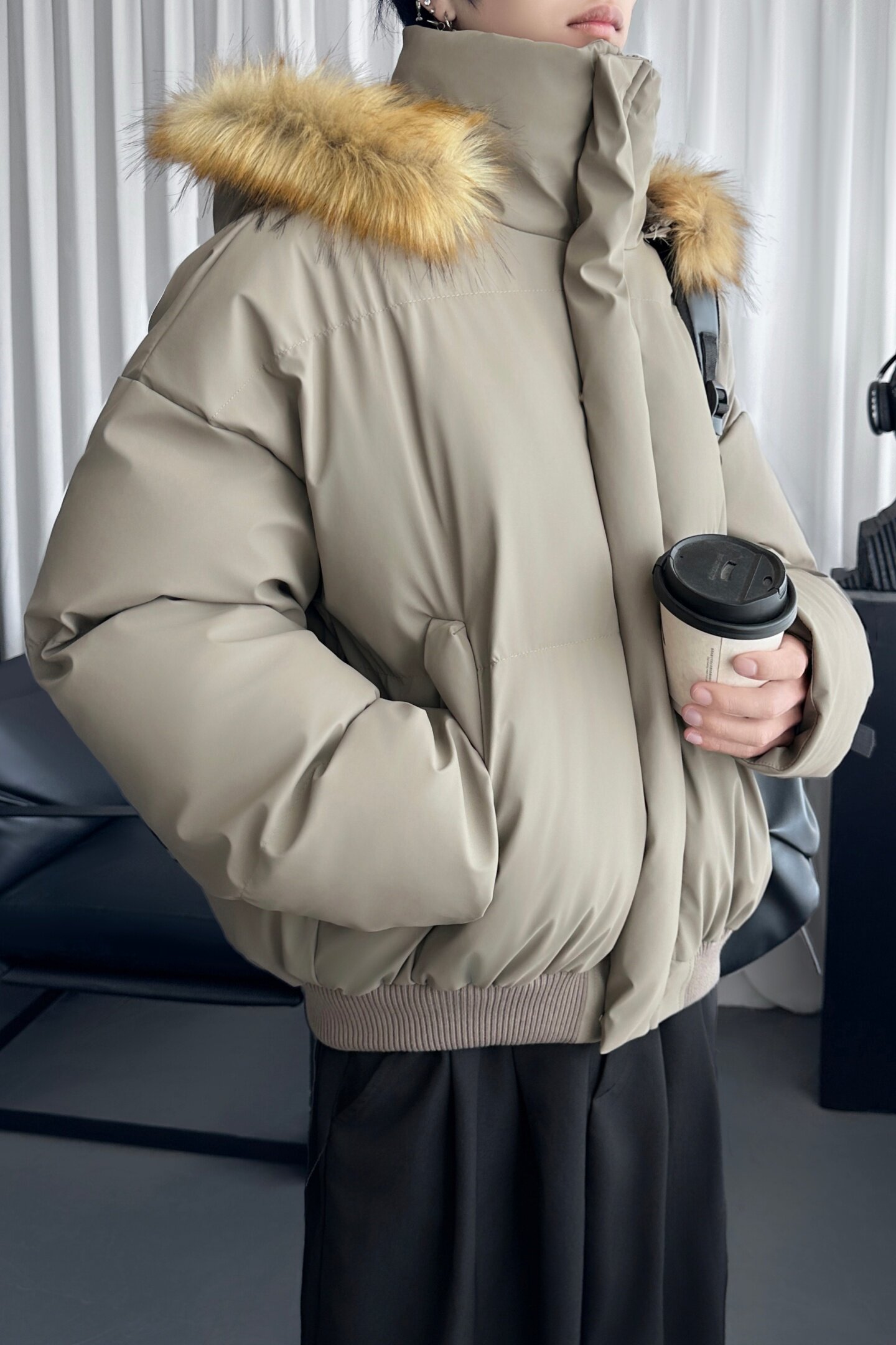 座山雕毛领pu皮派克棉服冬季短款质感连帽加厚外套M8037-P148,男装皮衣,星座1017