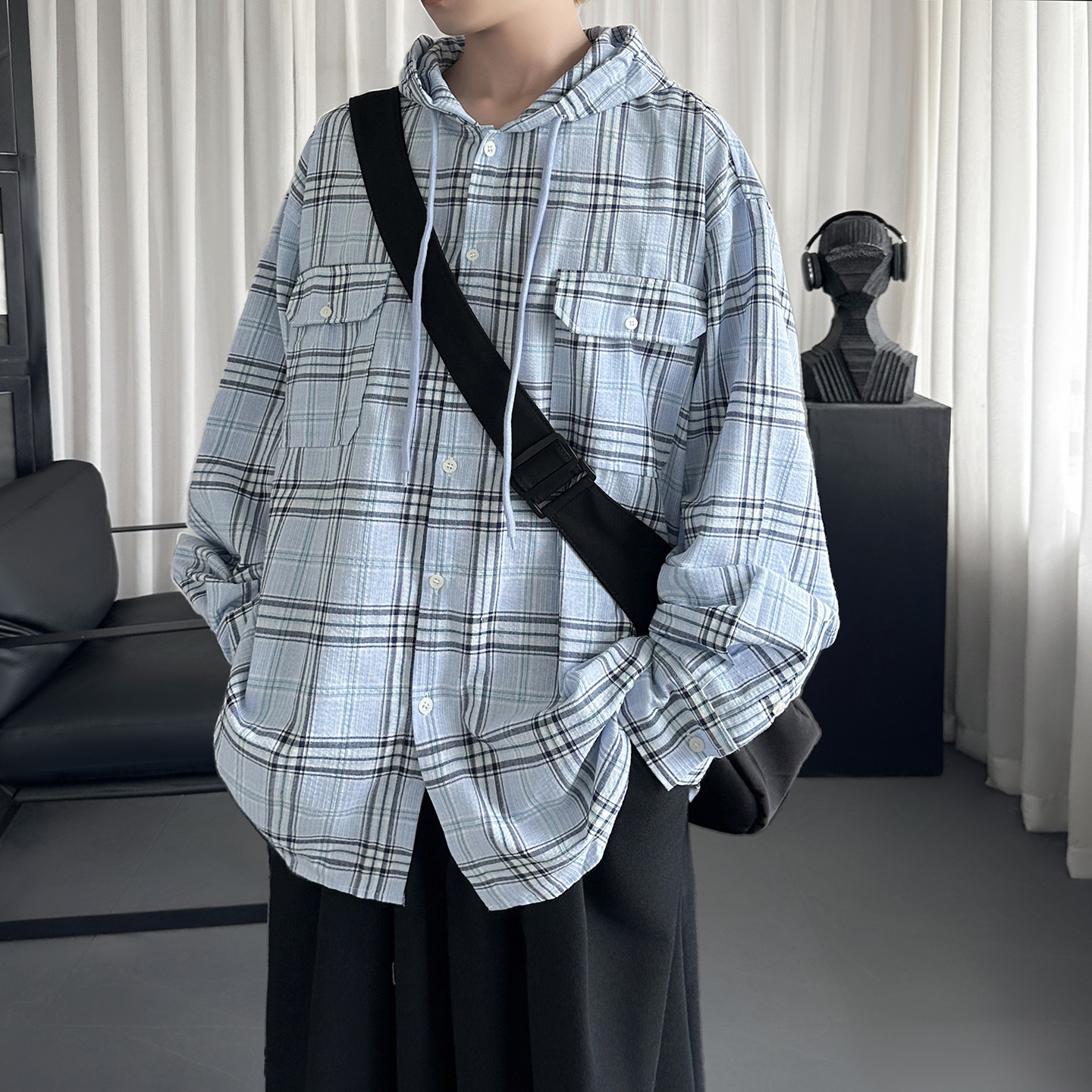 浅蓝色格子连帽衬衫潮流美式潮牌复古休闲外套A5817-P78,男装衬衫,星座1017