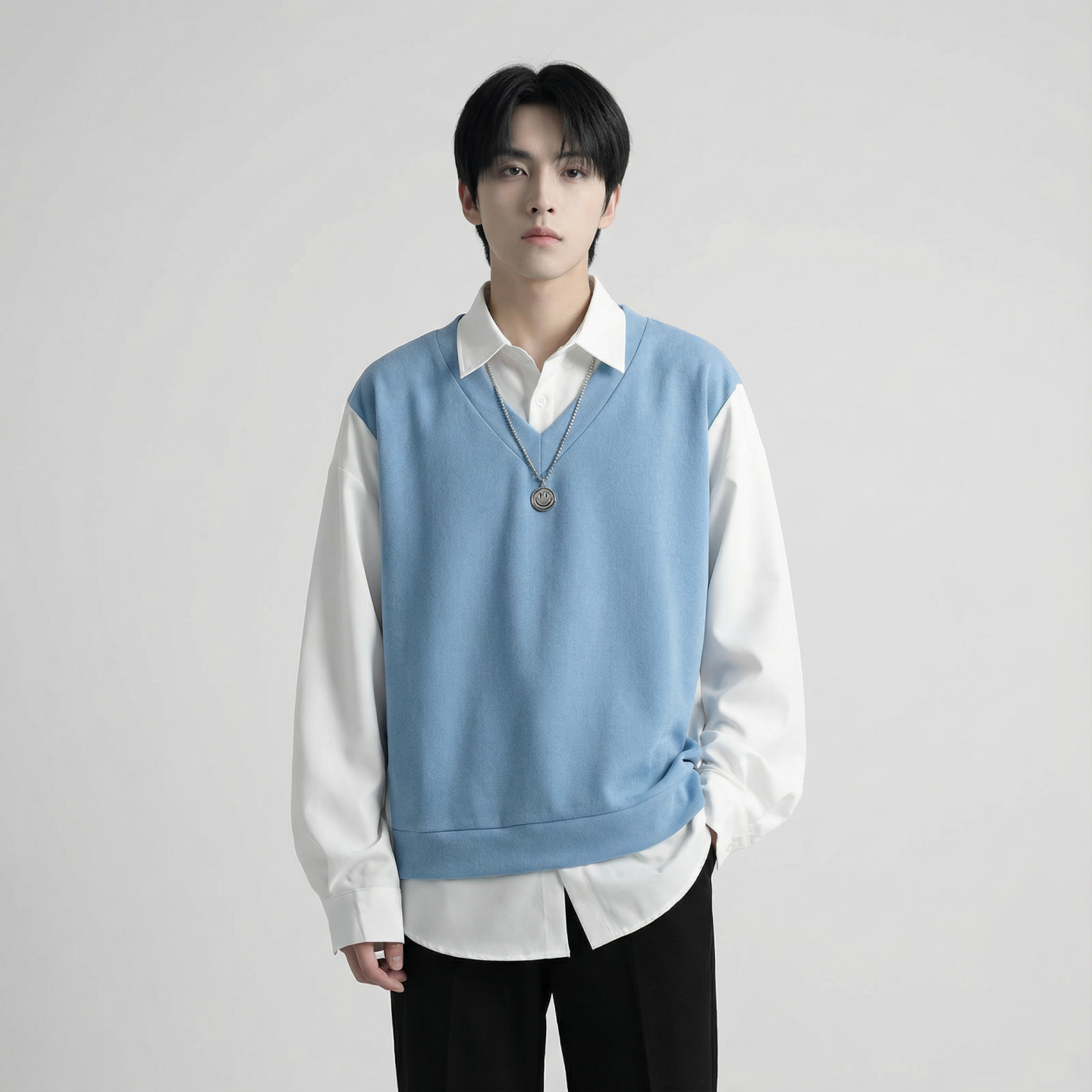 现货假两件长袖衬衫宽松衬衣港风休闲百搭上衣GK25-P58，男装衬衫，星座1017