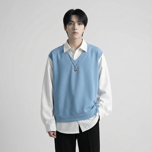 现货假两件长袖衬衫宽松衬衣港风休闲百搭上衣 GK25-P58，男装衬衫，星座1017