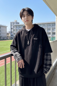现货 春季连帽卫衣男潮牌ins假两件拼接格子慵懒风 W8212-P68图片