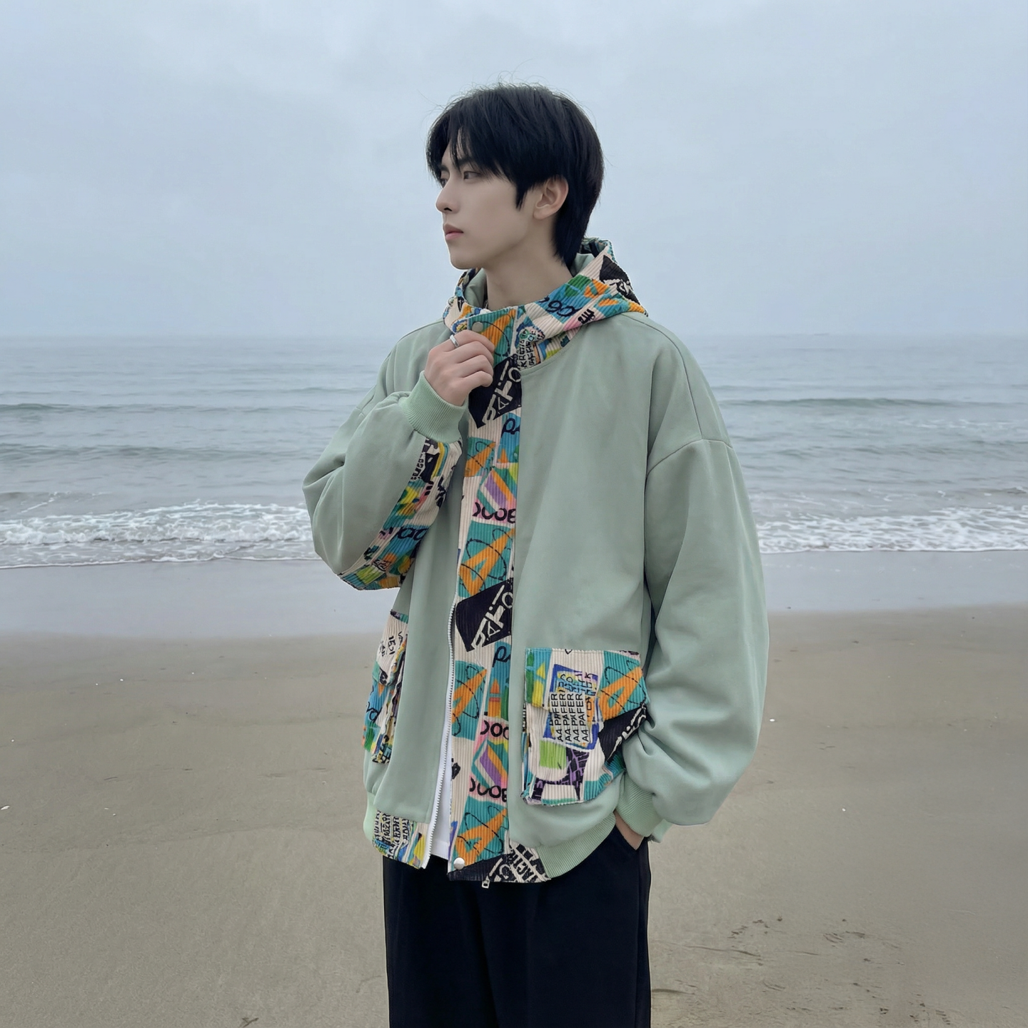 现货春款潮流涂鸦拼接夹克开衫连帽外套WT23-P75控96，男装夹克，星座1017