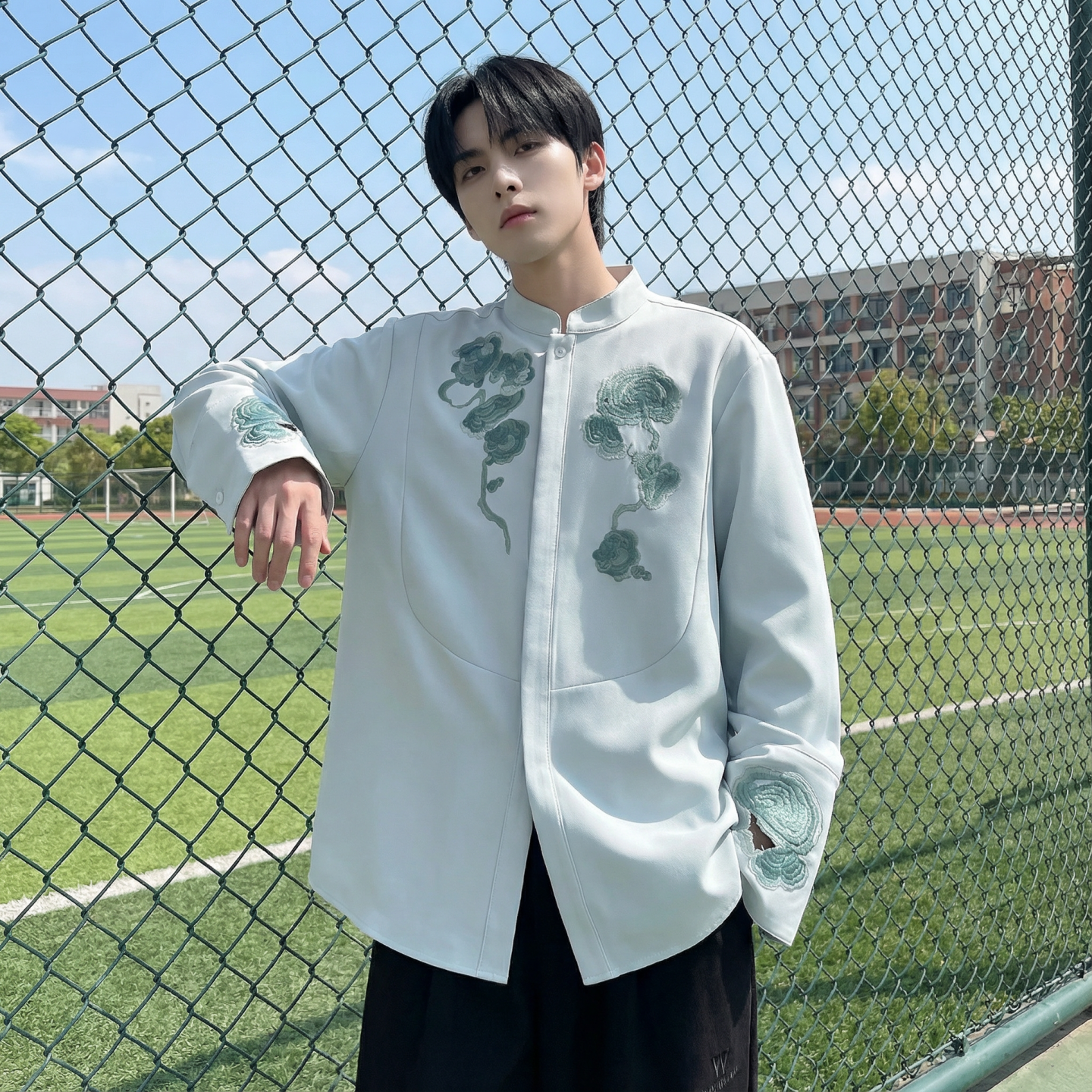 现货春款风灵芝刺绣宽松休闲立领长袖青灰色衬衣SA783-P88，男装衬衫，星座1017